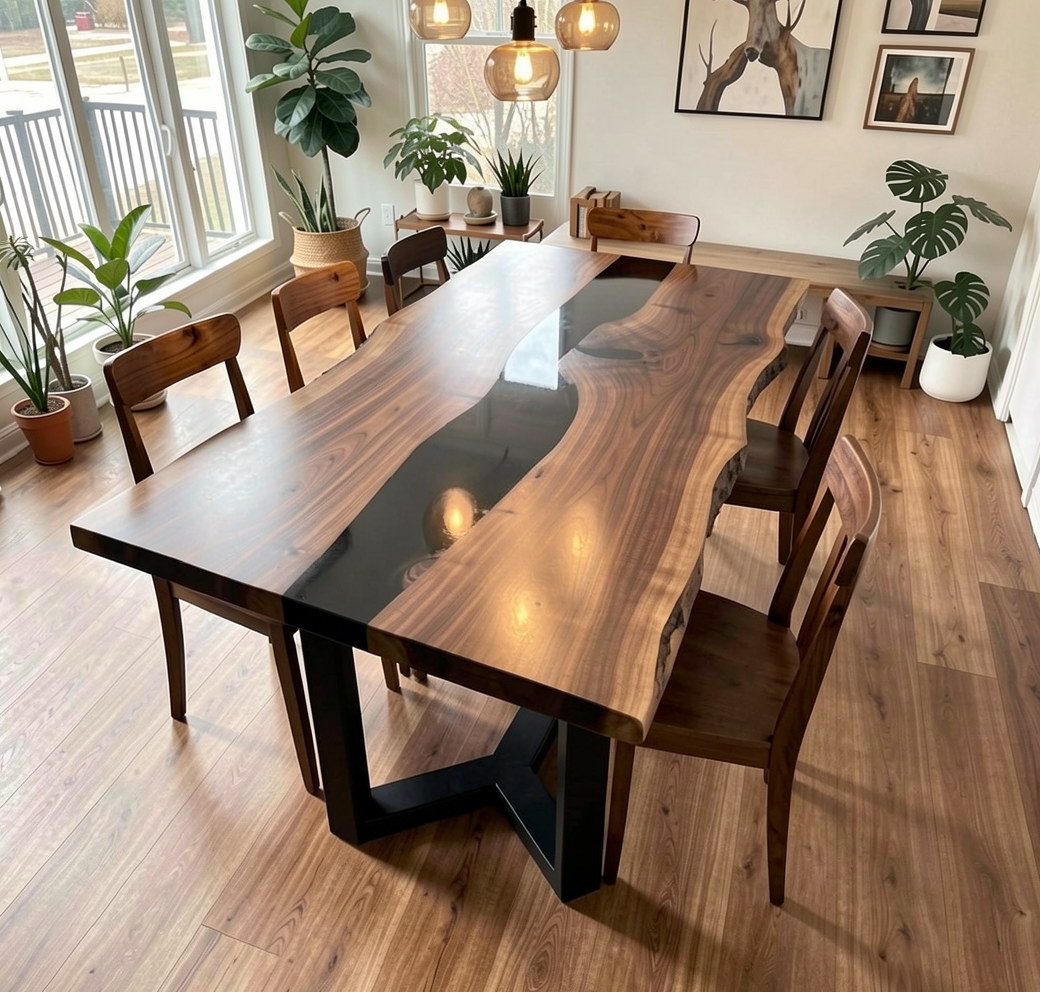 Custom Natural Edge Black Walnut Table Slab with Black Epoxy River