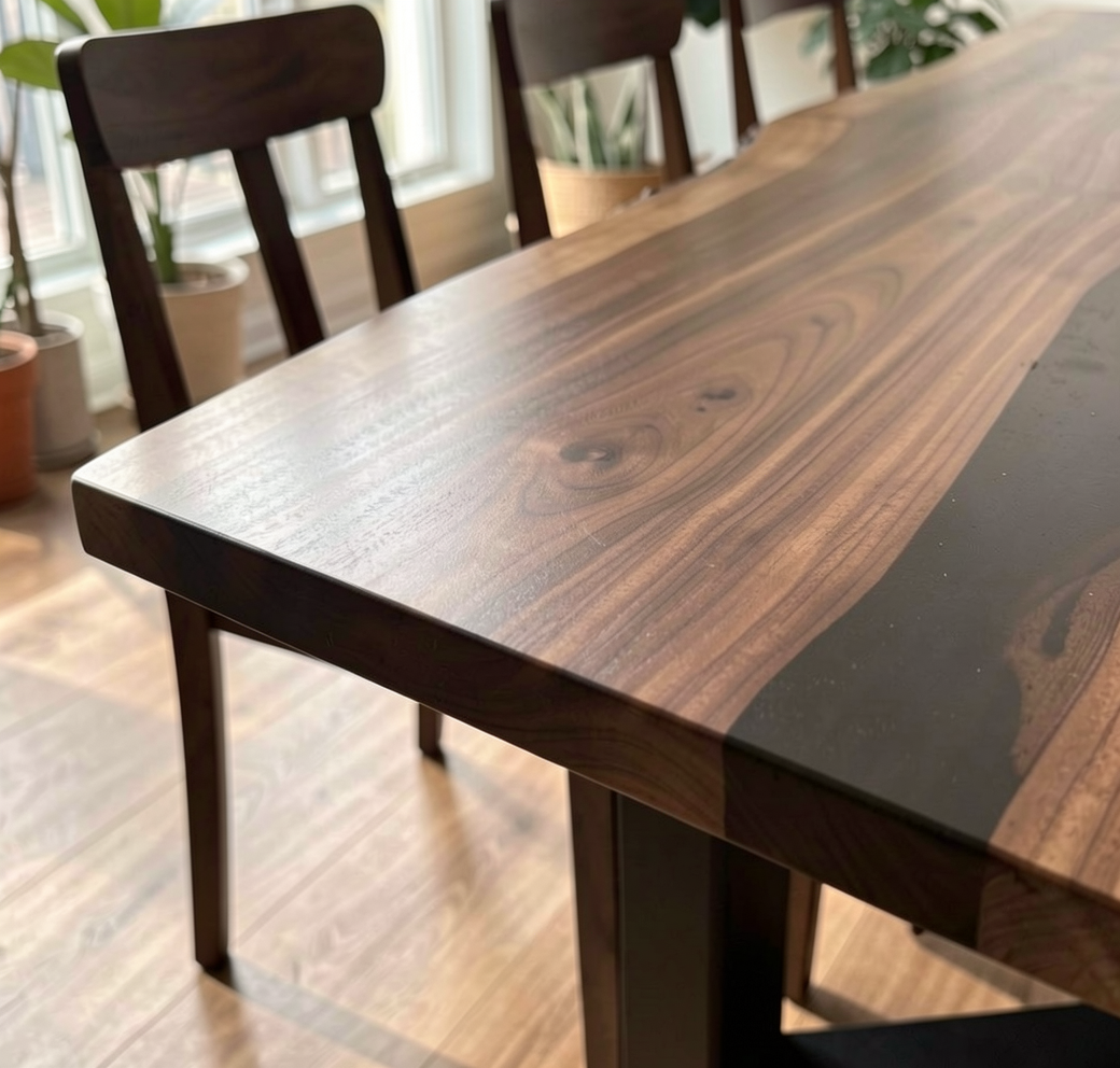 Custom Natural Edge Black Walnut Table Slab with Black Epoxy River
