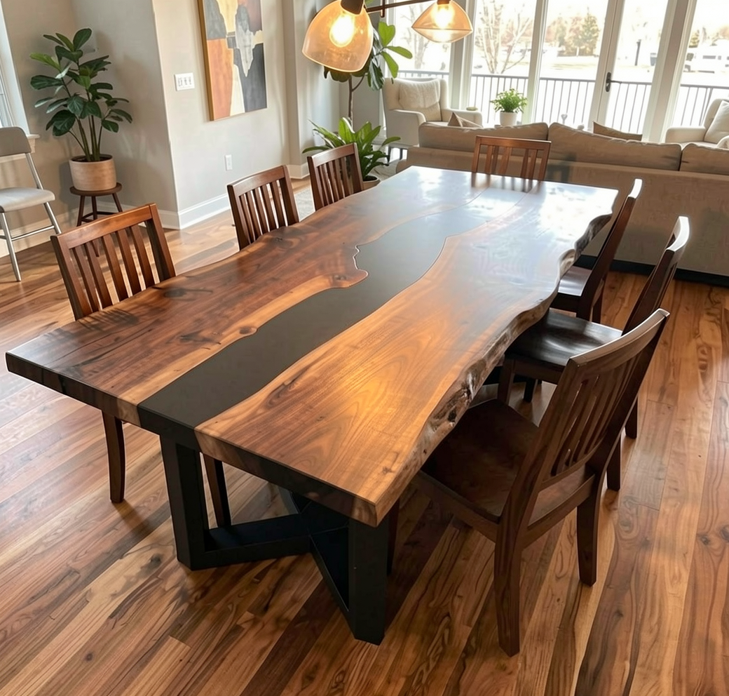 Custom Natural Edge Black Walnut Table Slab with Black Epoxy River