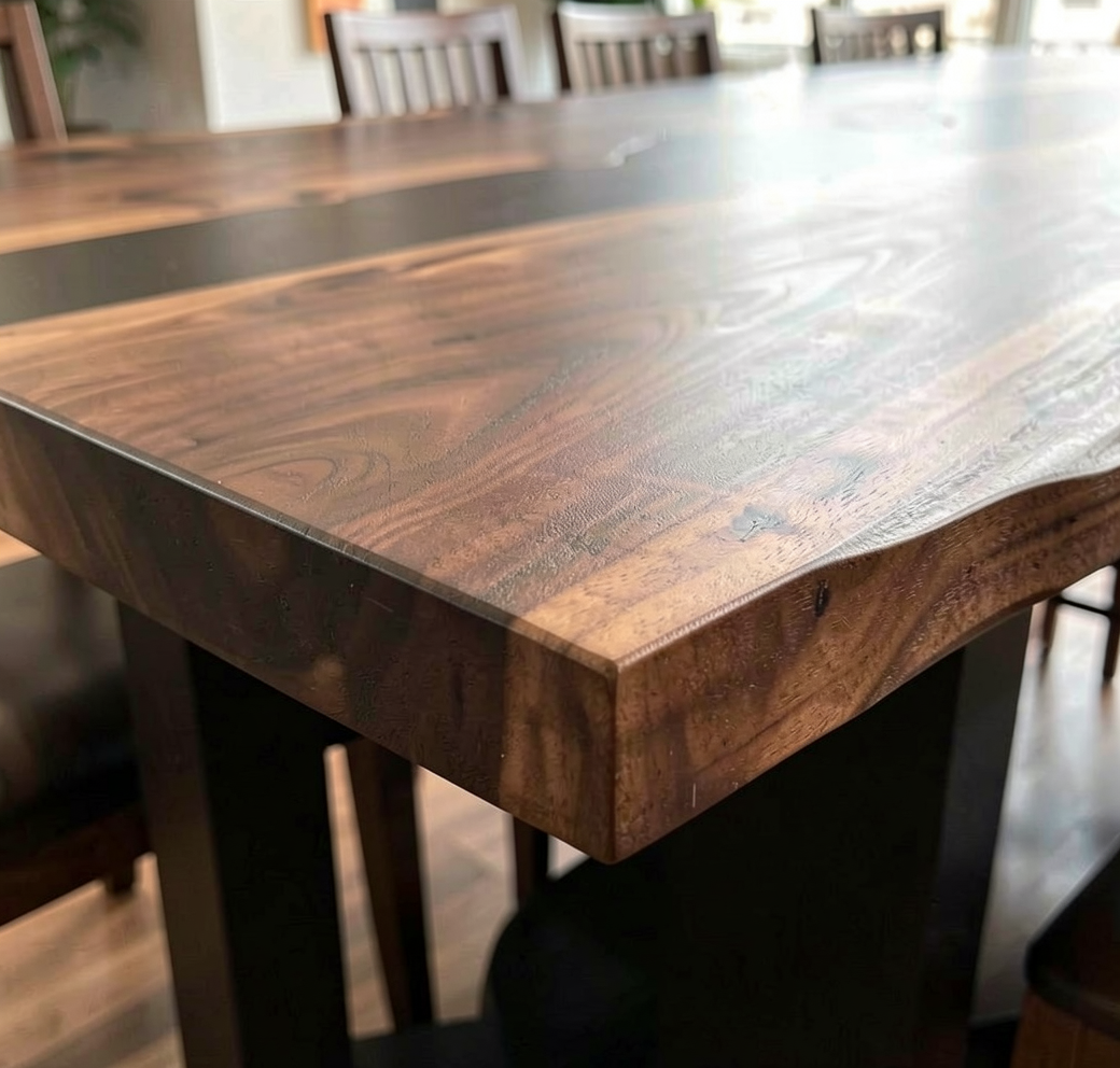 Custom Natural Edge Black Walnut Table Slab with Black Epoxy River