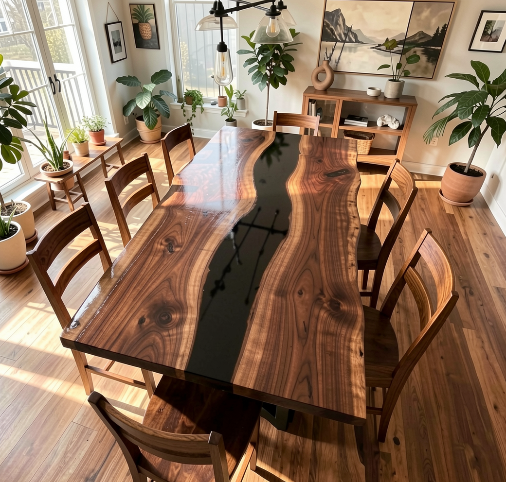 Custom Natural Edge Black Walnut Table Slab with Black Epoxy River