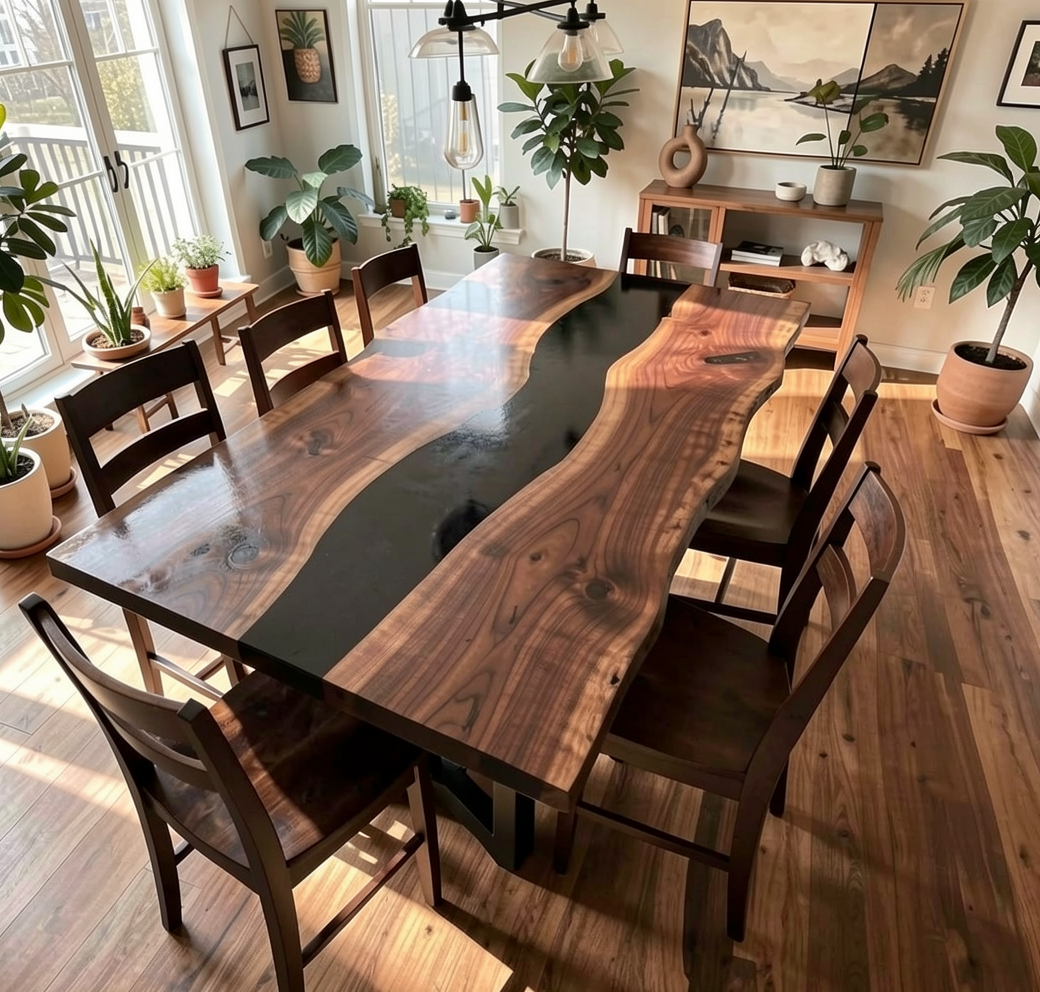 Custom Natural Edge Black Walnut Table Slab with Black Epoxy River