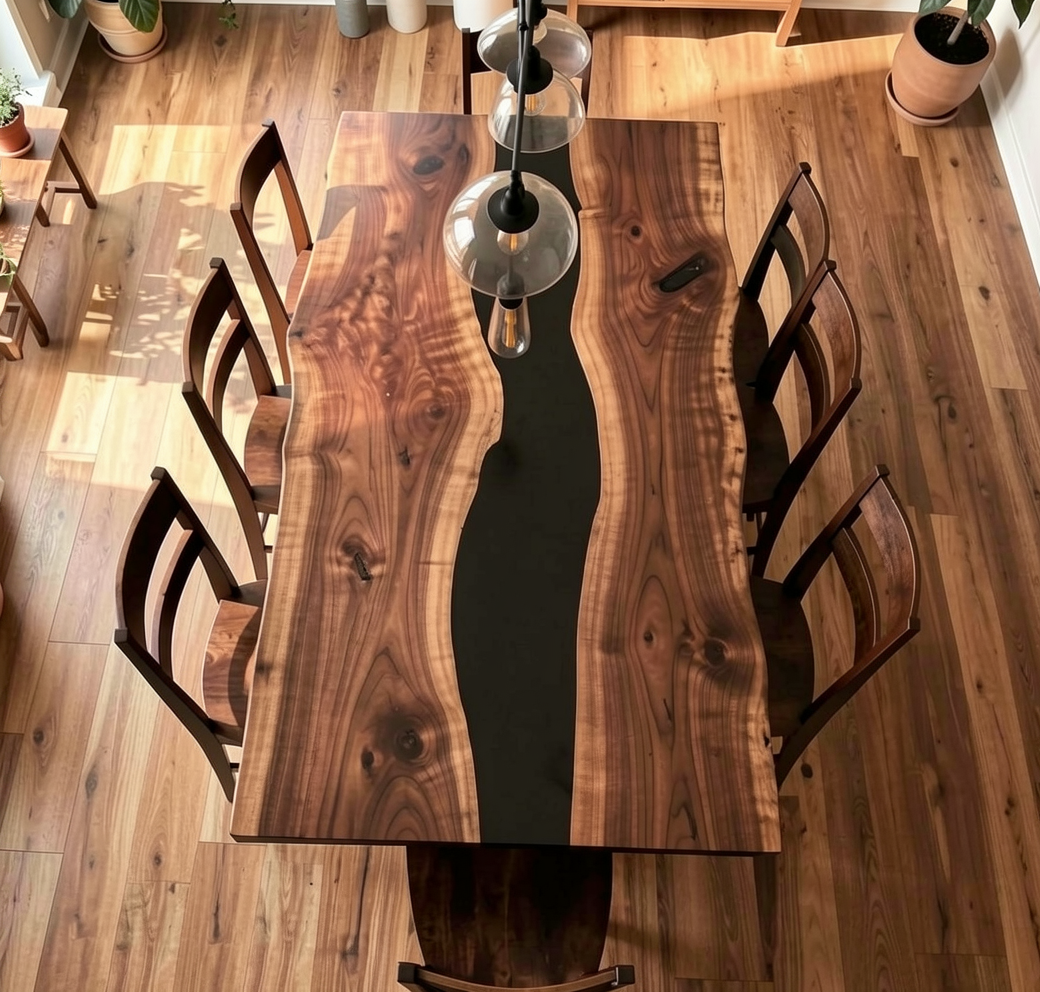 Custom Natural Edge Black Walnut Table Slab with Black Epoxy River