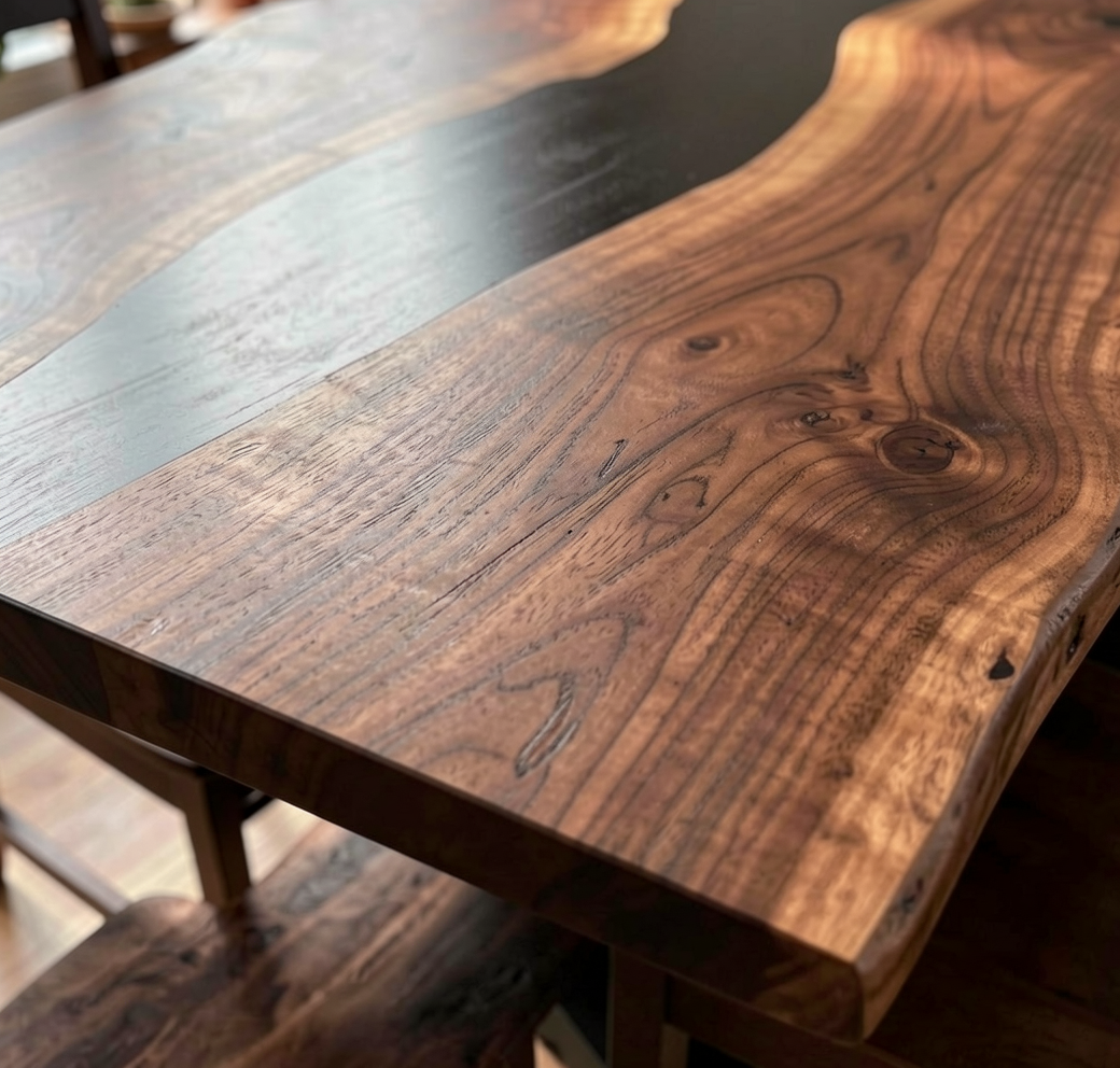 Custom Natural Edge Black Walnut Table Slab with Black Epoxy River