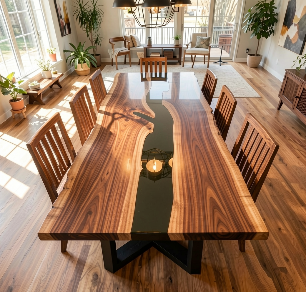Custom Natural Edge Black Walnut Table Slab with Black Epoxy River