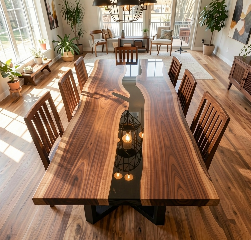 Custom Natural Edge Black Walnut Table Slab with Black Epoxy River