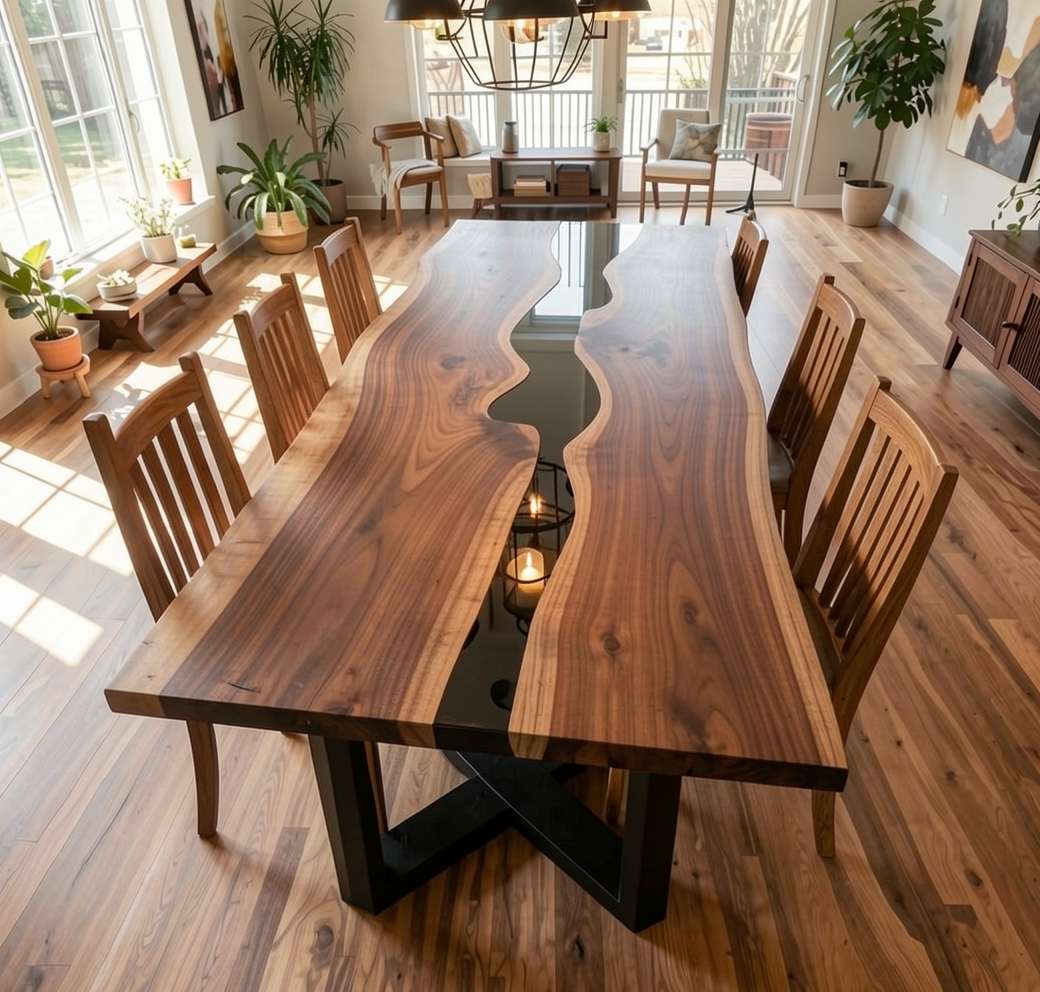 Custom Natural Edge Black Walnut Table Slab with Black Epoxy River