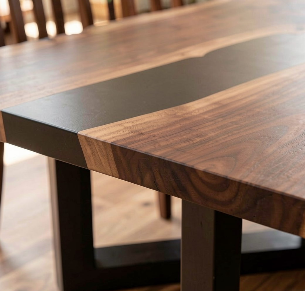 Custom Natural Edge Black Walnut Table Slab with Black Epoxy River