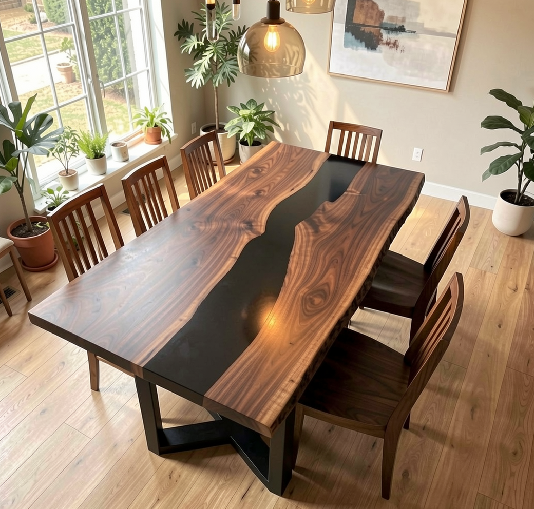 Custom Natural Edge Black Walnut Table Slab with Black Epoxy River