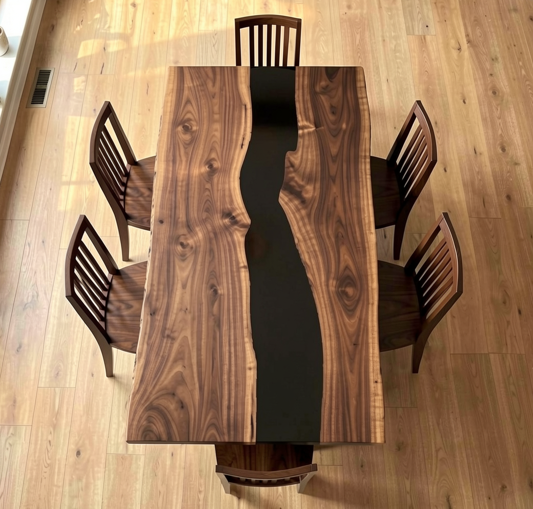 Custom Natural Edge Black Walnut Table Slab with Black Epoxy River
