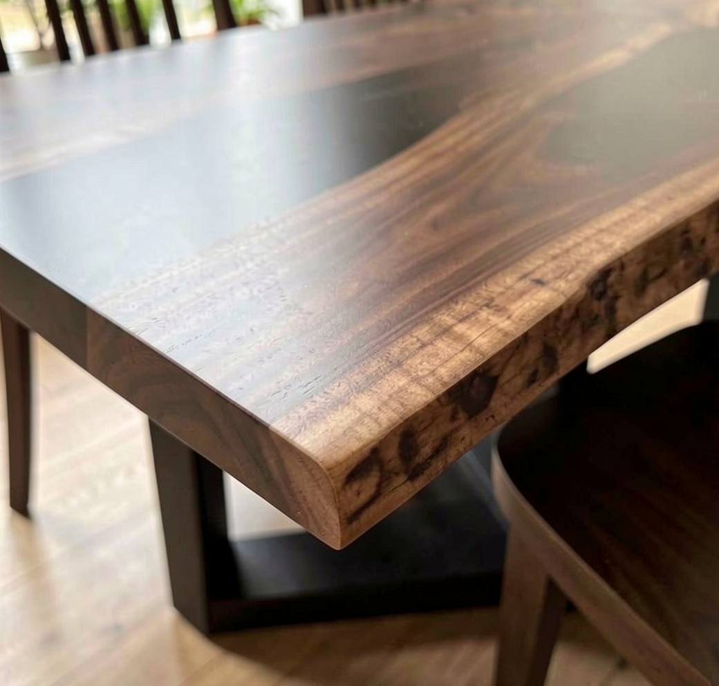 Custom Natural Edge Black Walnut Table Slab with Black Epoxy River
