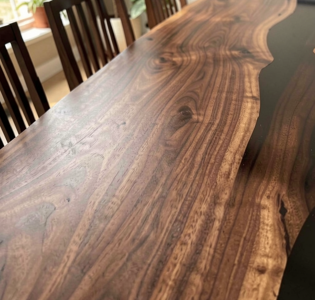 Custom Natural Edge Black Walnut Table Slab with Black Epoxy River