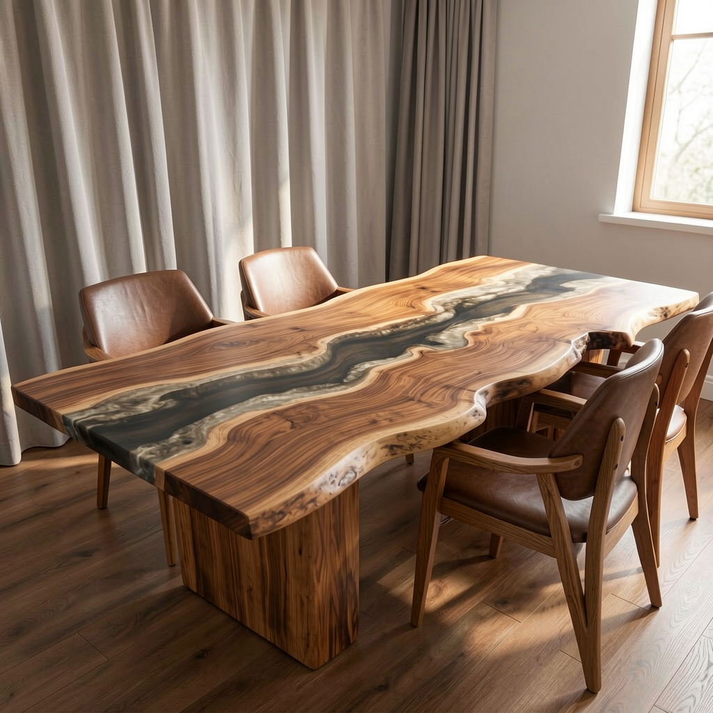 Custom-made walnut wood epoxy resin natural side table