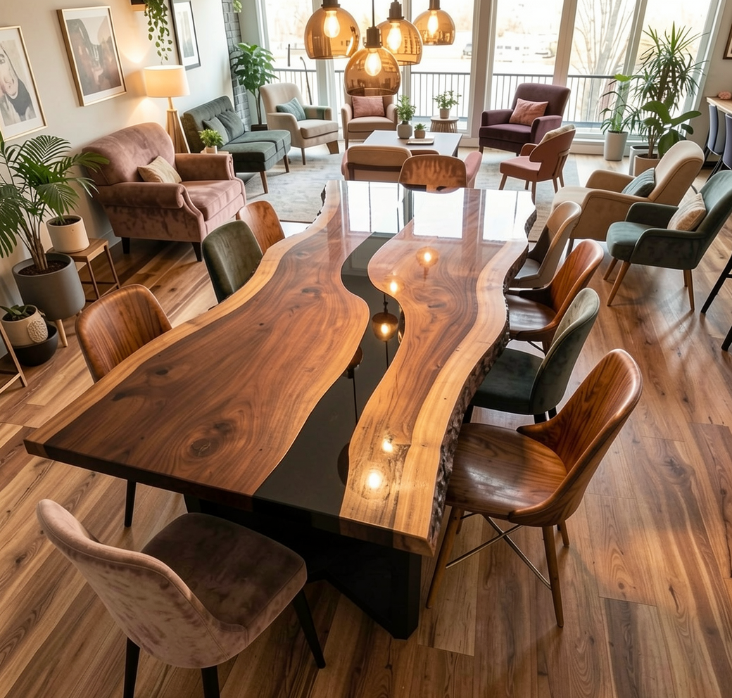 Custom Natural Edge Black Walnut Table Slab with Black Epoxy River
