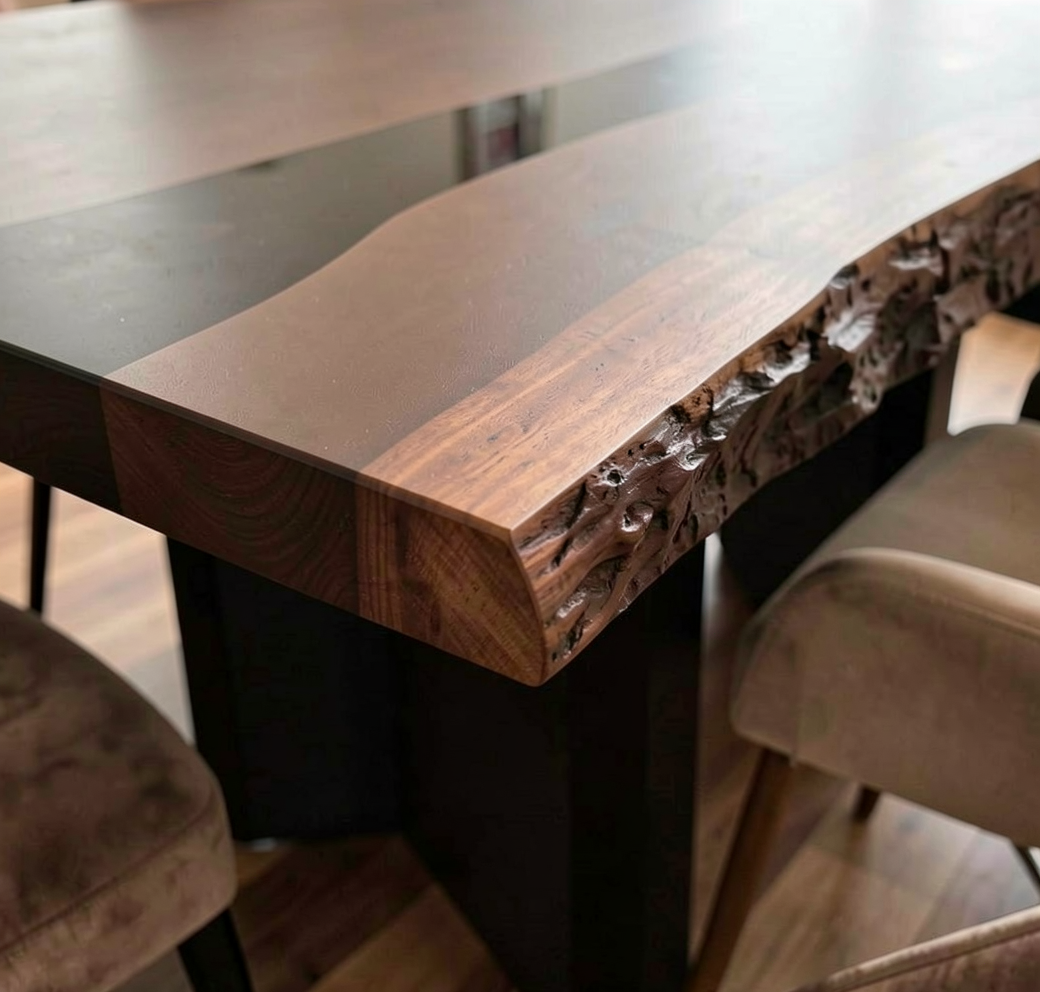 Custom Natural Edge Black Walnut Table Slab with Black Epoxy River