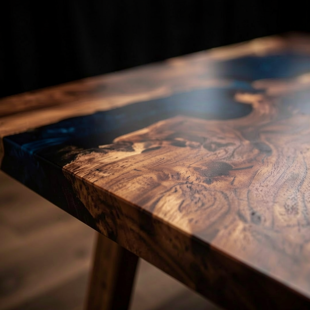Custom South American walnut wood epoxy resin wave dining table