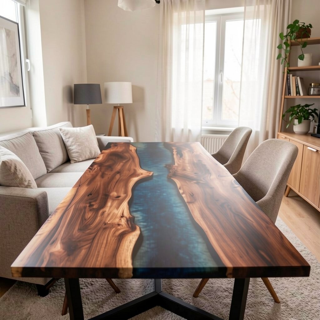 Custom blue epoxy resin dining table, made of walnut wood