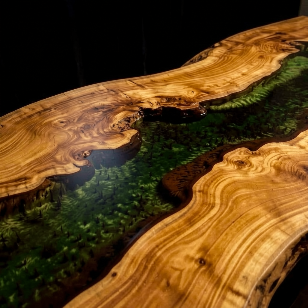 Custom-made eco-friendly epoxy resin dining table made of olive wood