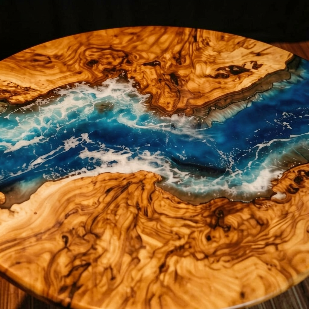 Custom-designed ocean-themed epoxy resin coffee table, made of olive wood.