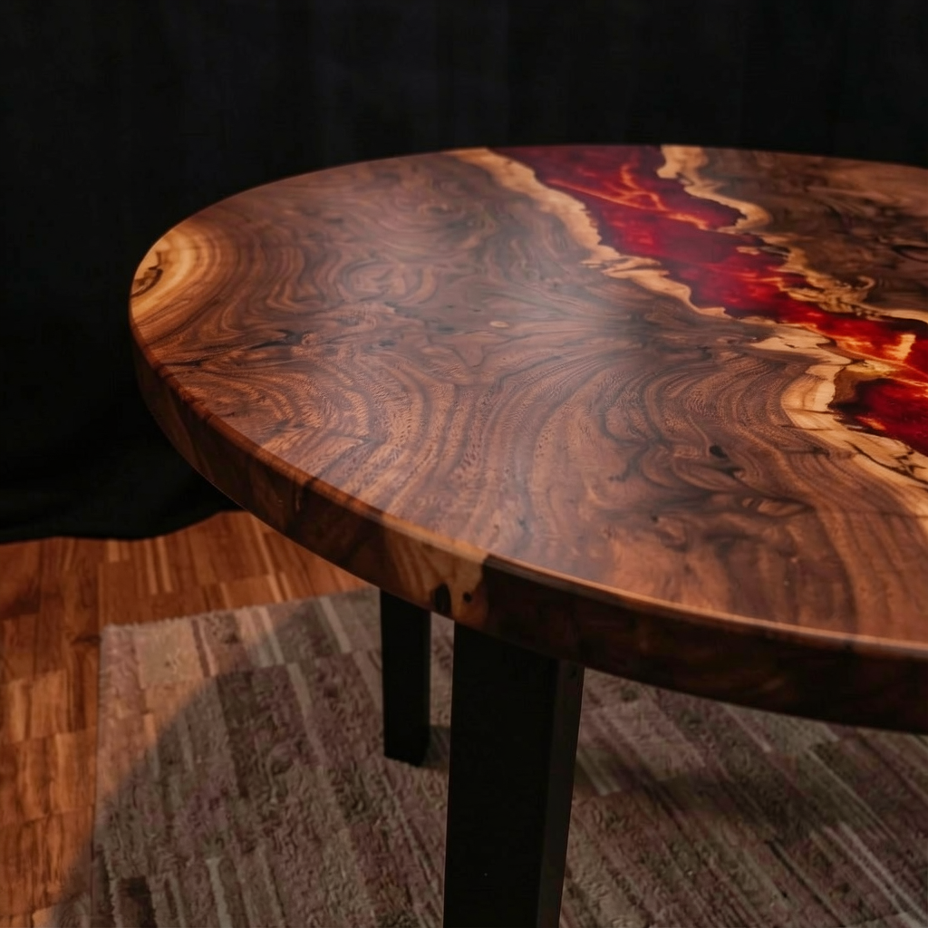 Custom-made epoxy resin dining table, made of black walnut wood.