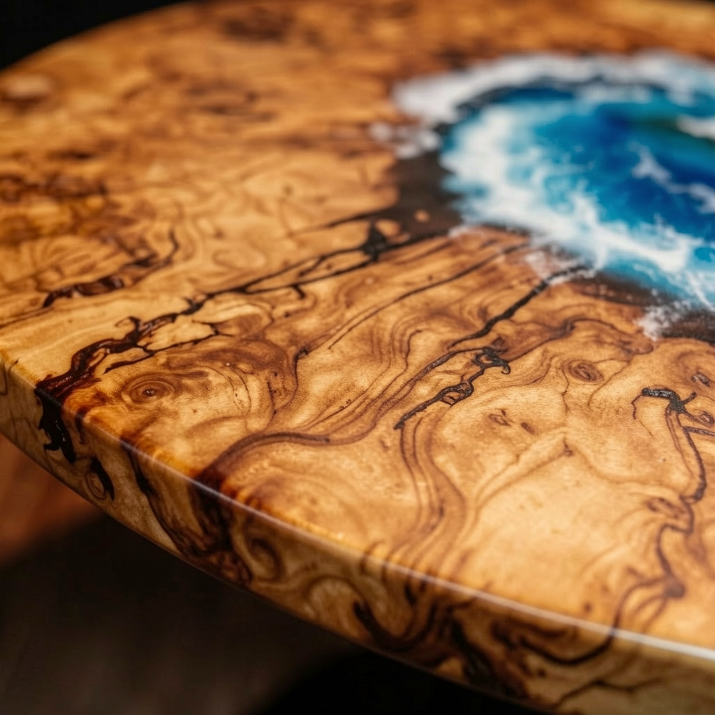 Custom-made round ocean epoxy resin coffee table, made with olive wood.
