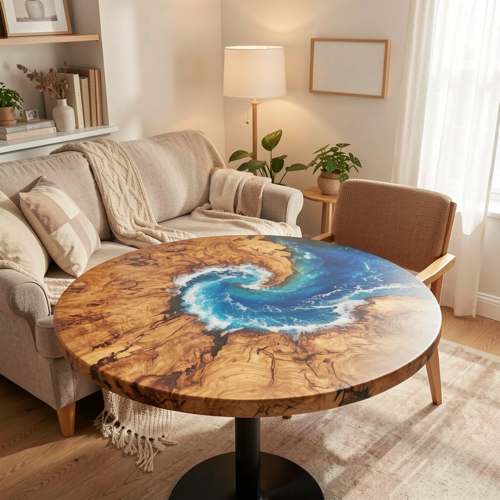 Custom-made round ocean epoxy resin coffee table, made with olive wood.