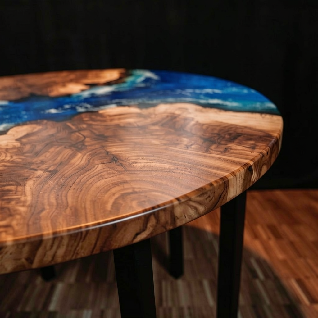 This custom-made, wave-shaped round coffee table is made of olive wood.