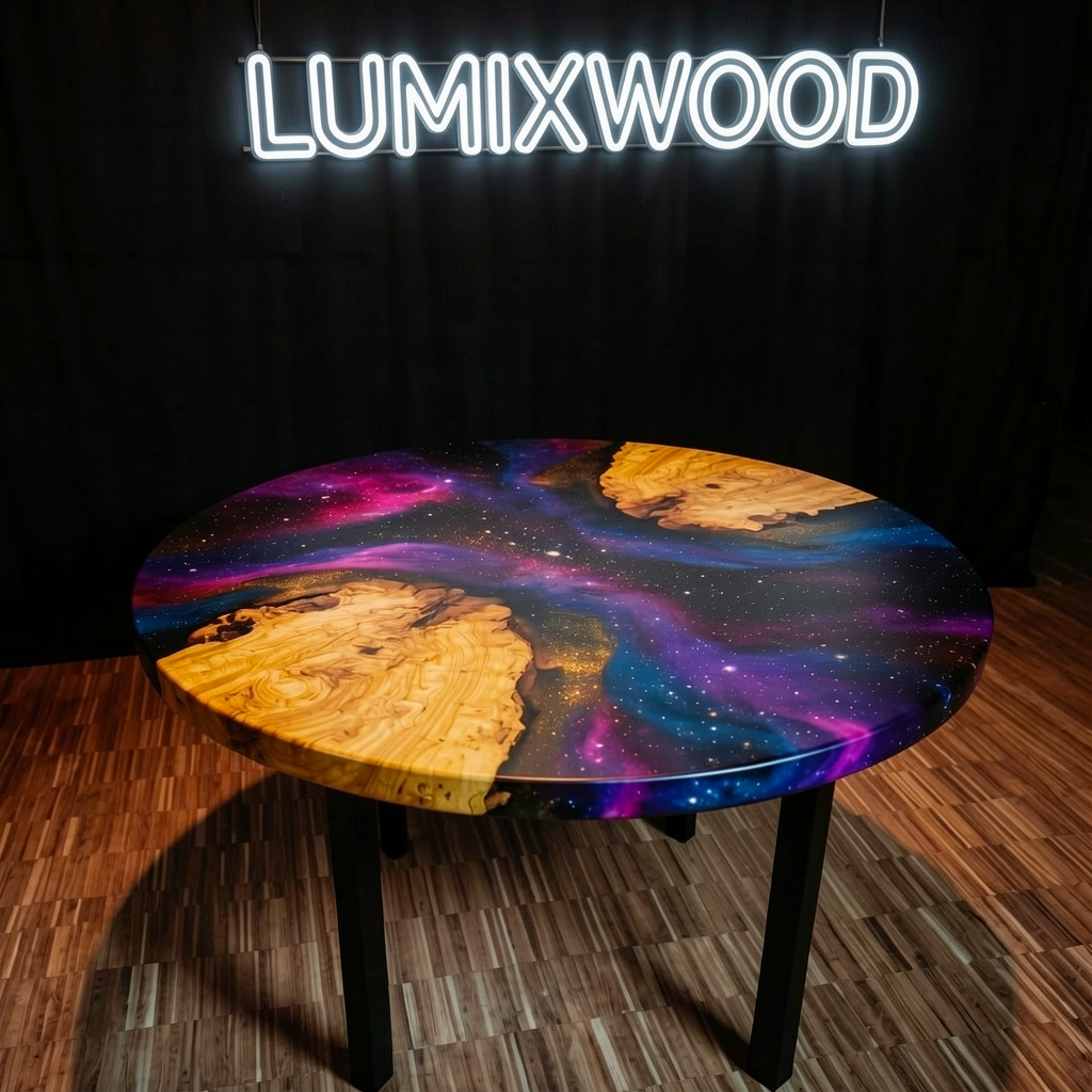 A custom-designed round coffee table made of starry sky epoxy resin and olive wood.