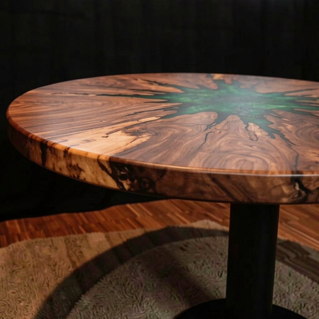 Custom-made starry sky epoxy resin round coffee table, made of black walnut wood.