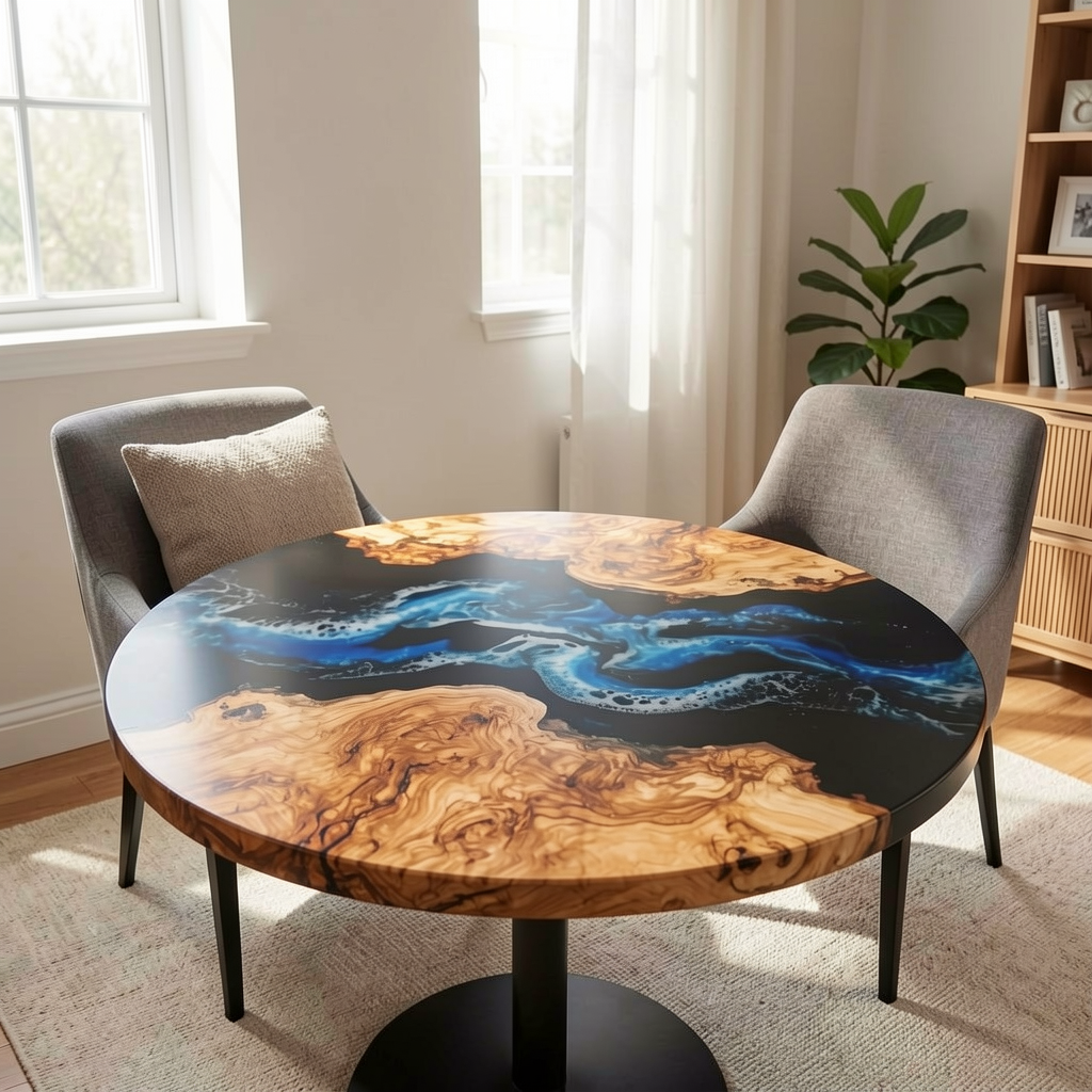 Custom olive wood epoxy resin wave coffee table
