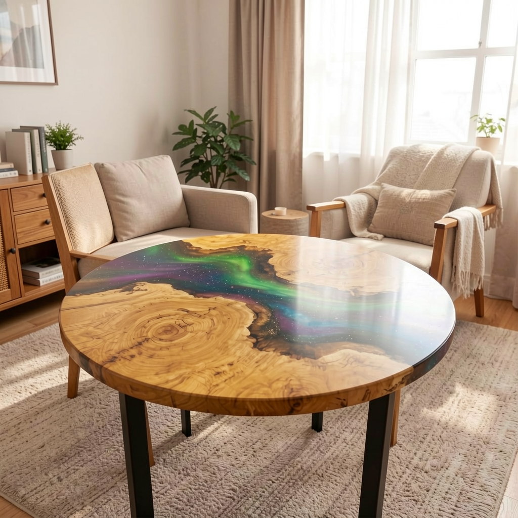 Stunning Olive Wood & Aurora Resin Table – Handcrafted Statement Piece