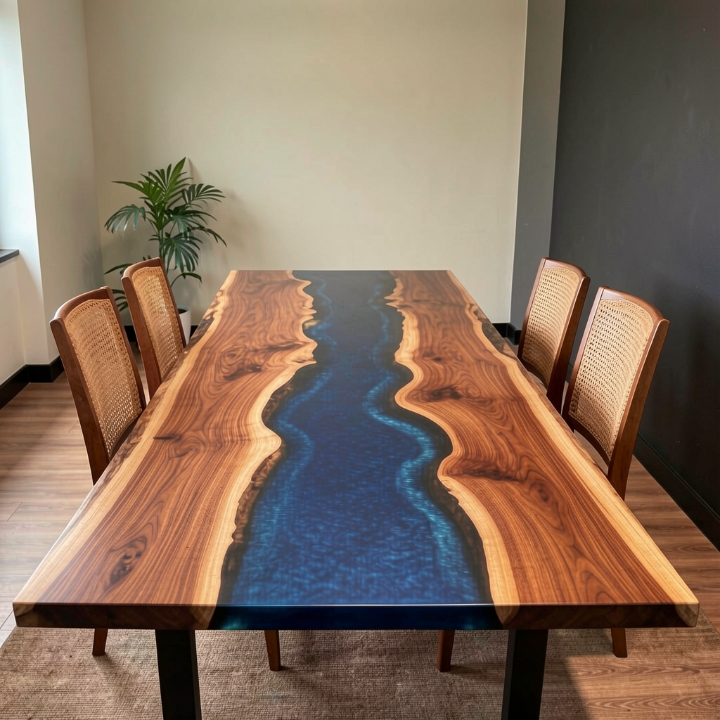 Custom-made wave-patterned epoxy resin dining table, made of black walnut wood.