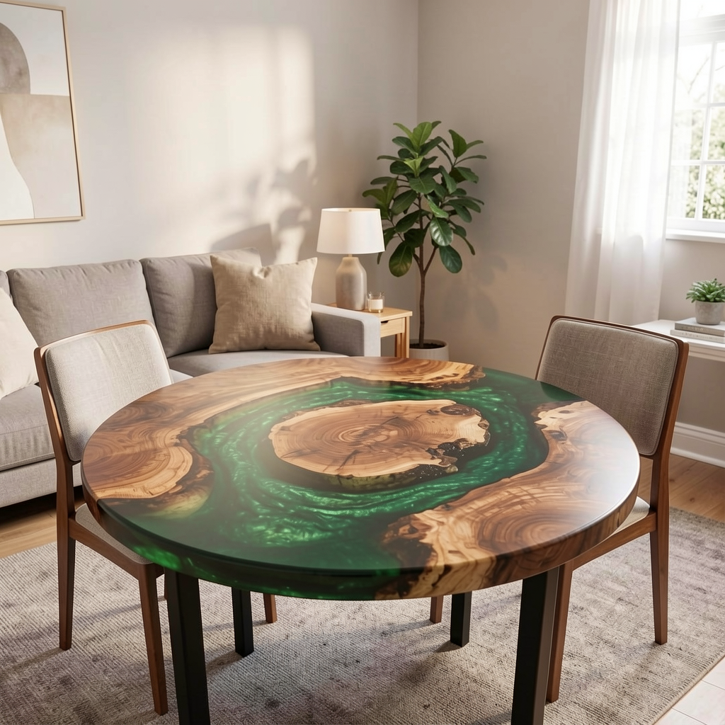 Custom-made green epoxy resin round walnut coffee table