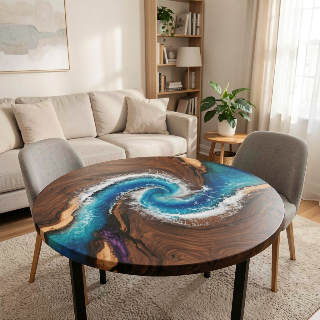 Custom North American black walnut wood epoxy resin wave coffee table