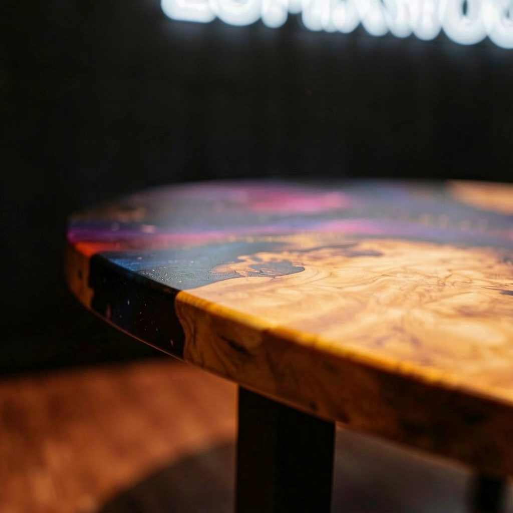 A custom-designed round coffee table made of starry sky epoxy resin and olive wood.