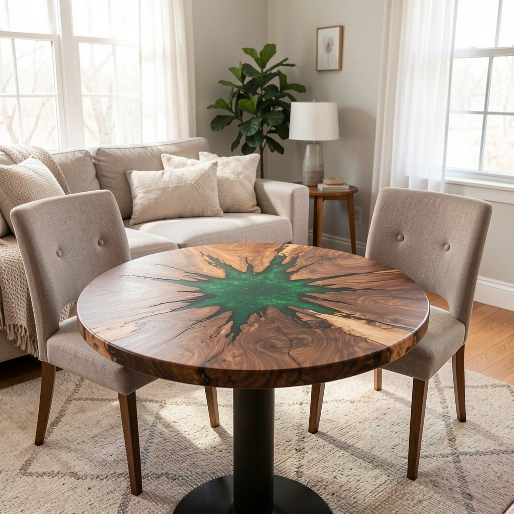 Custom-made starry sky epoxy resin round coffee table, made of black walnut wood.