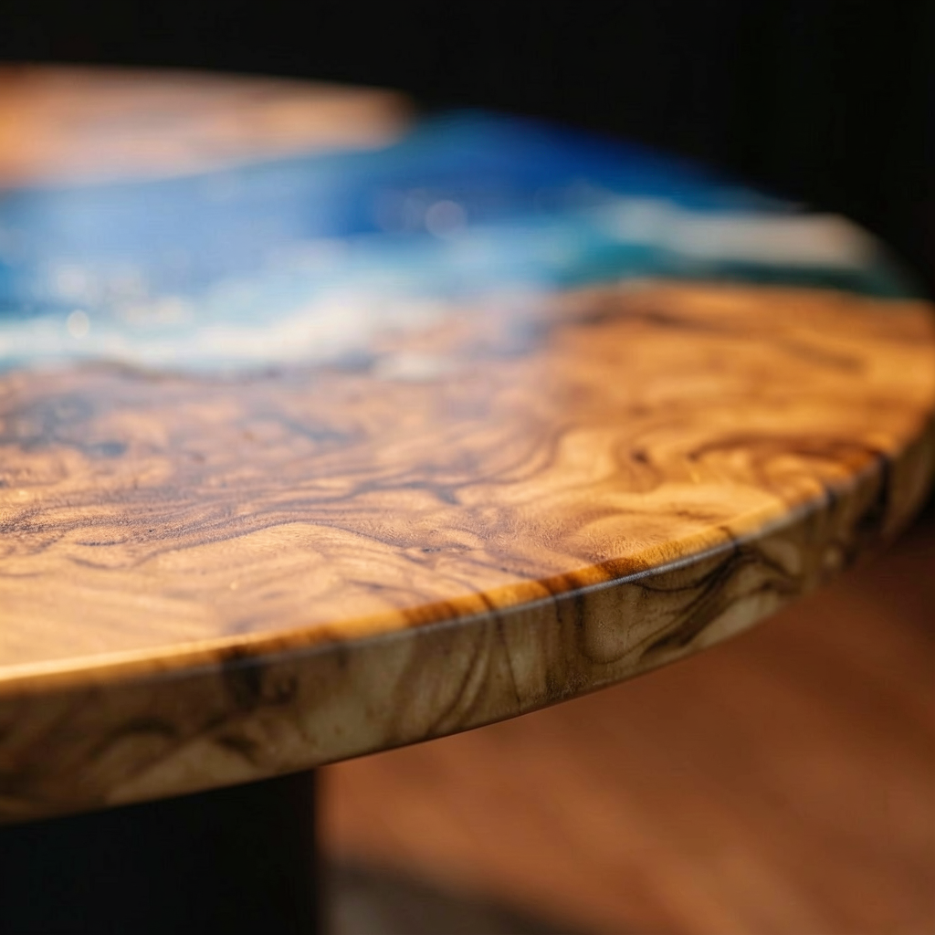 Custom-designed ocean-themed epoxy resin coffee table, made of olive wood.