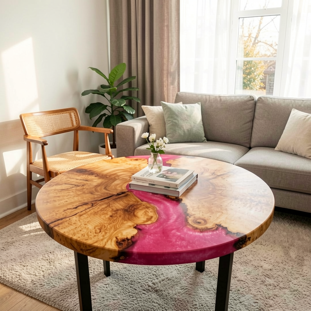Custom-made wave-shaped round coffee table, made of olive wood.