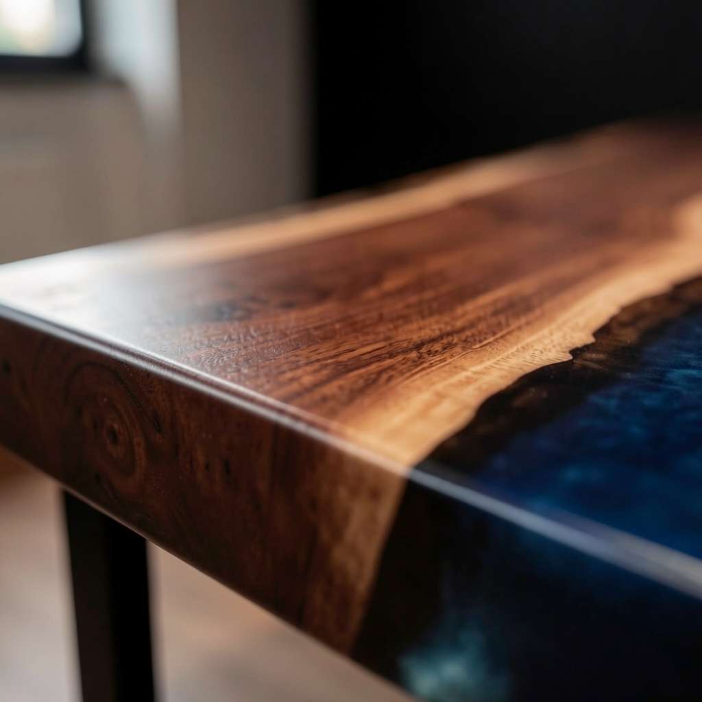 Custom-made wave-patterned epoxy resin dining table, made of black walnut wood.