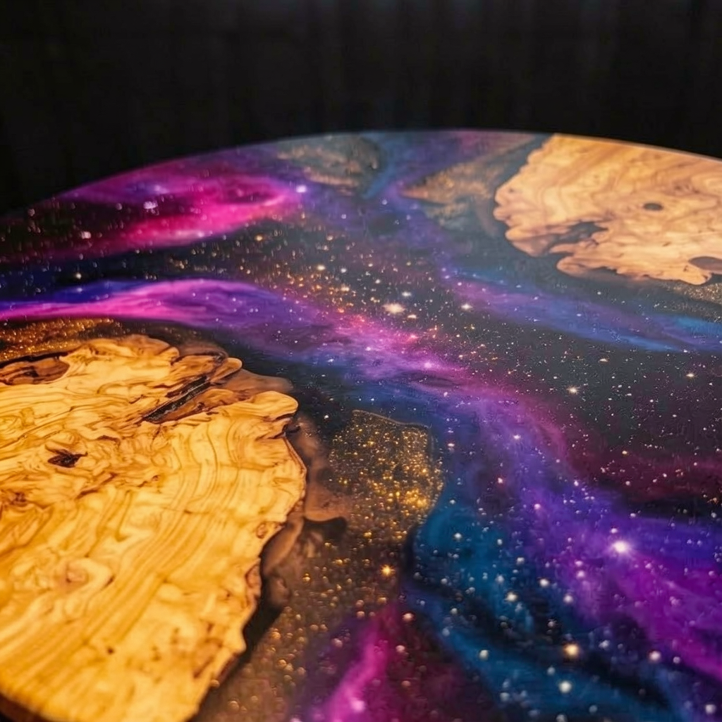 A custom-designed round coffee table made of starry sky epoxy resin and olive wood.