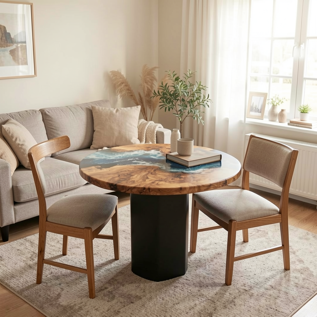 Custom-designed ocean-themed epoxy resin coffee table, made of olive wood.