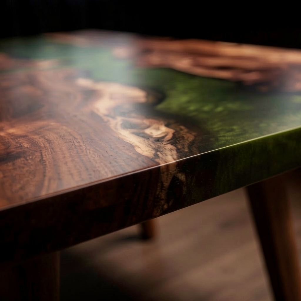 Customized green epoxy resin walnut wood dining table