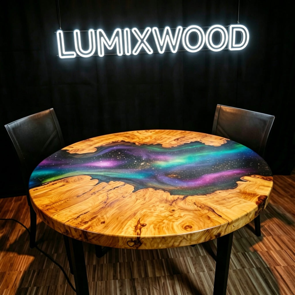 Custom-designed starry sky epoxy resin round coffee table, made of olive wood.