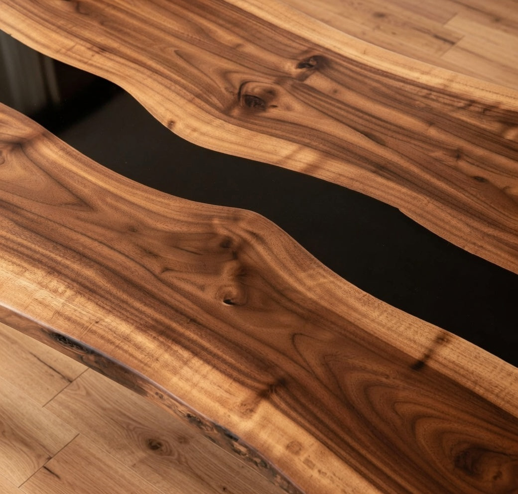 Custom Black Walnut Dining Table Top with Black Epoxy River