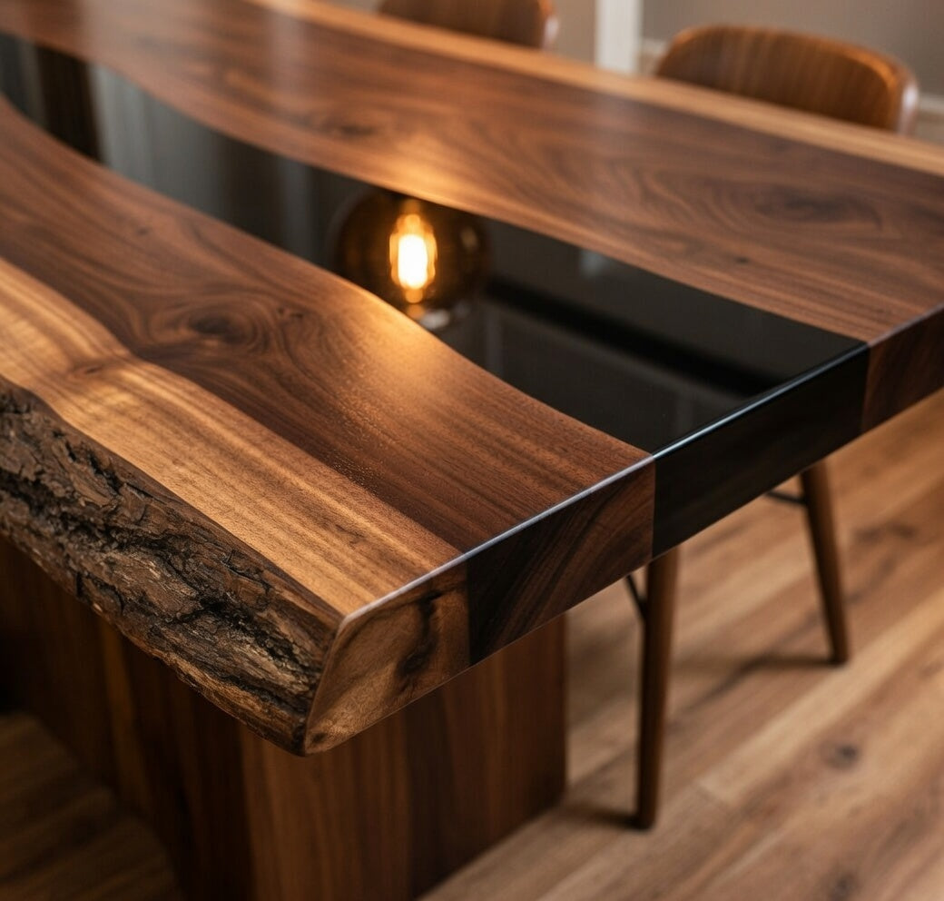 Custom Solid Black Walnut Table Top with Black Epoxy River Center