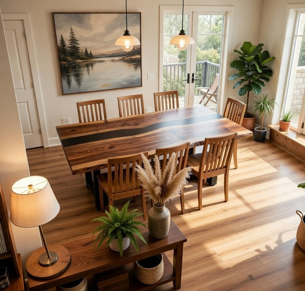 Custom Black Walnut Dining Table Top with Black Epoxy River