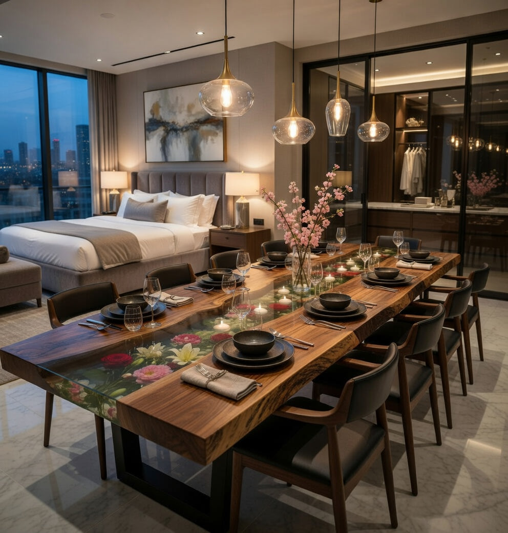 Black Walnut River Epoxy Dining Table with Floral Resin Inlay – Luxury Handmade Wood Table-FL001