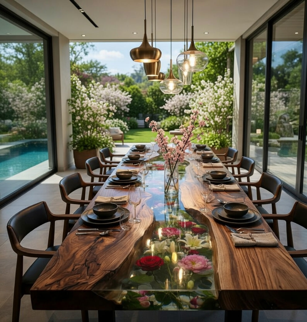 Black Walnut River Epoxy Dining Table with Floral Resin Inlay – Luxury Handmade Wood Table-FL001