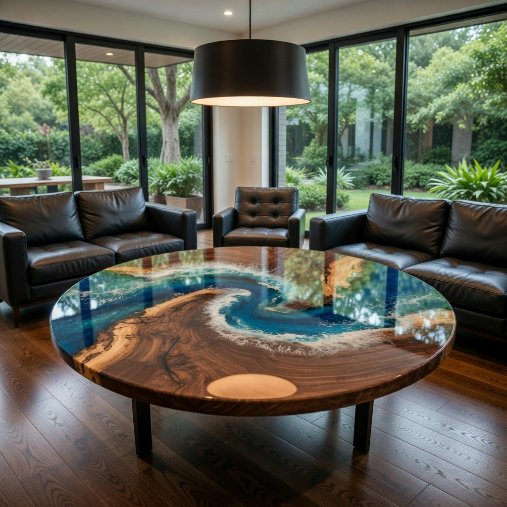 Custom South American walnut wood epoxy resin marine coffee table
