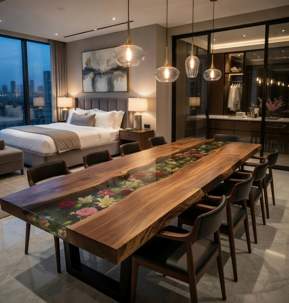 Black Walnut River Epoxy Dining Table with Floral Resin Inlay – Luxury Handmade Wood Table-FL001
